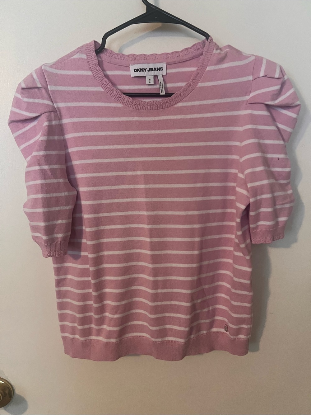 Dkny Pink and White Striped Puff Sleeve Knit Top
